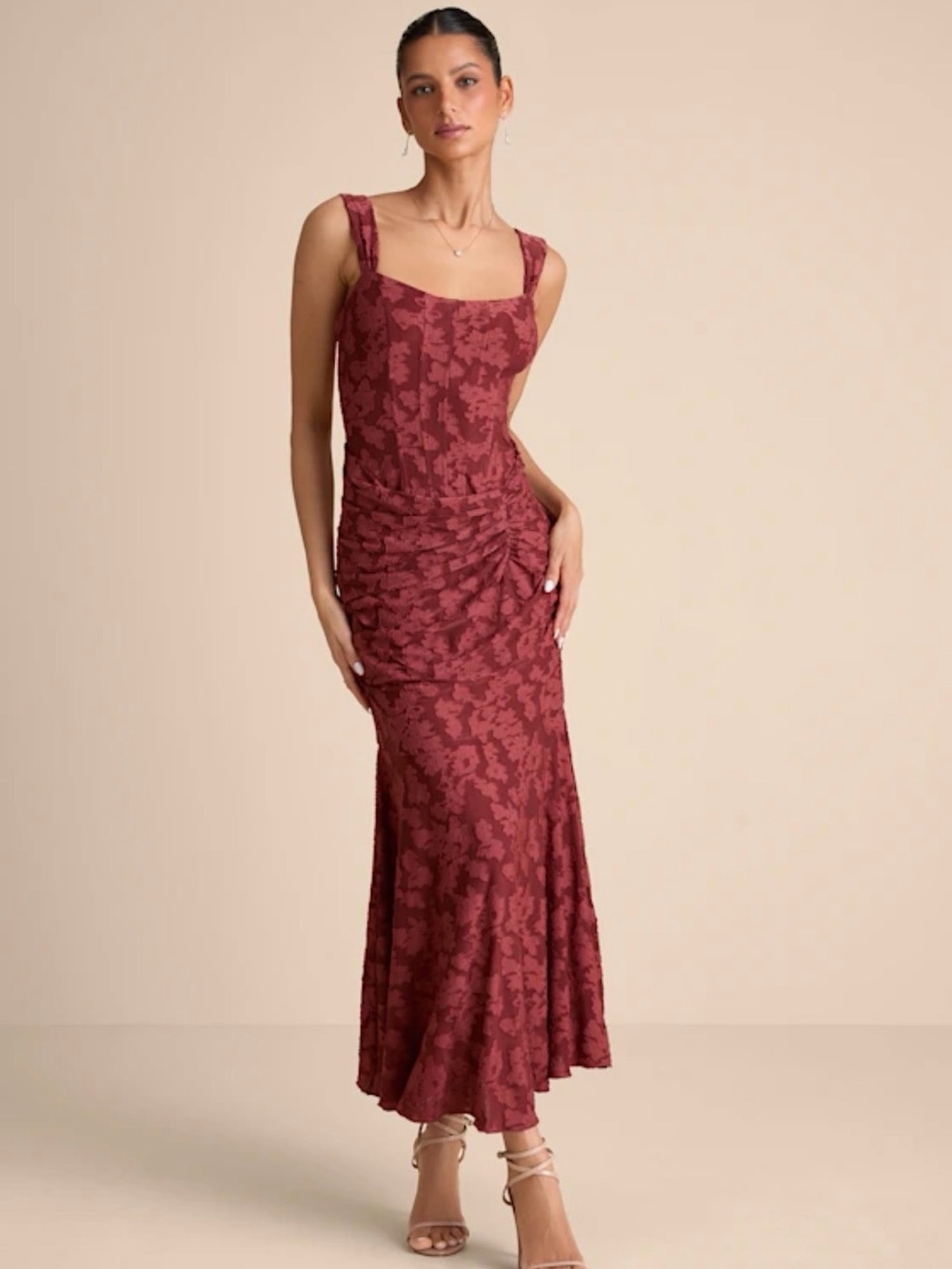 Lulus Celeste Rust Red Floral Burnout
Bustier Maxi Dress